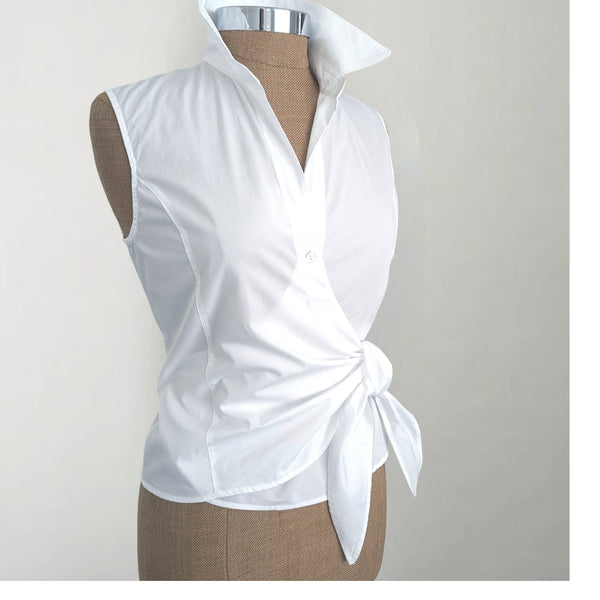 White Sleeveless Wrap Shirt