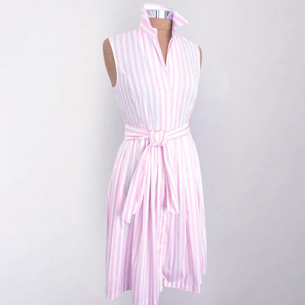 Pink Stripe Sleeveless Shirtdress