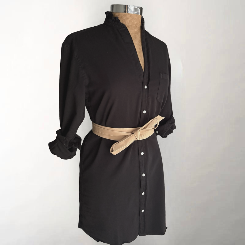 Mary Ruffle Collar Black Distressed Denim Dress