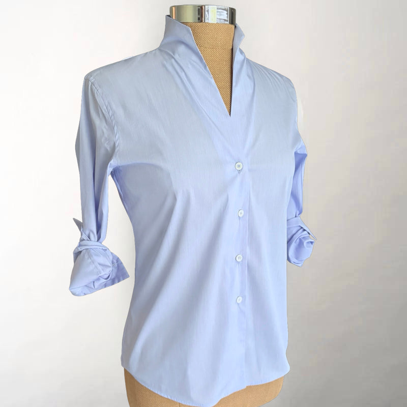 Blue Fitted Shirt with Stand-up Collar