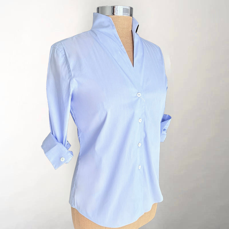 Blue Fitted Shirt with Stand-up Collar